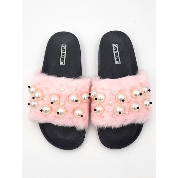 Cape Robbin Moira Women Slip On Skids Sandal Size 5 Pink Faux Fur & Pearl Accent - Picture 3 of 8